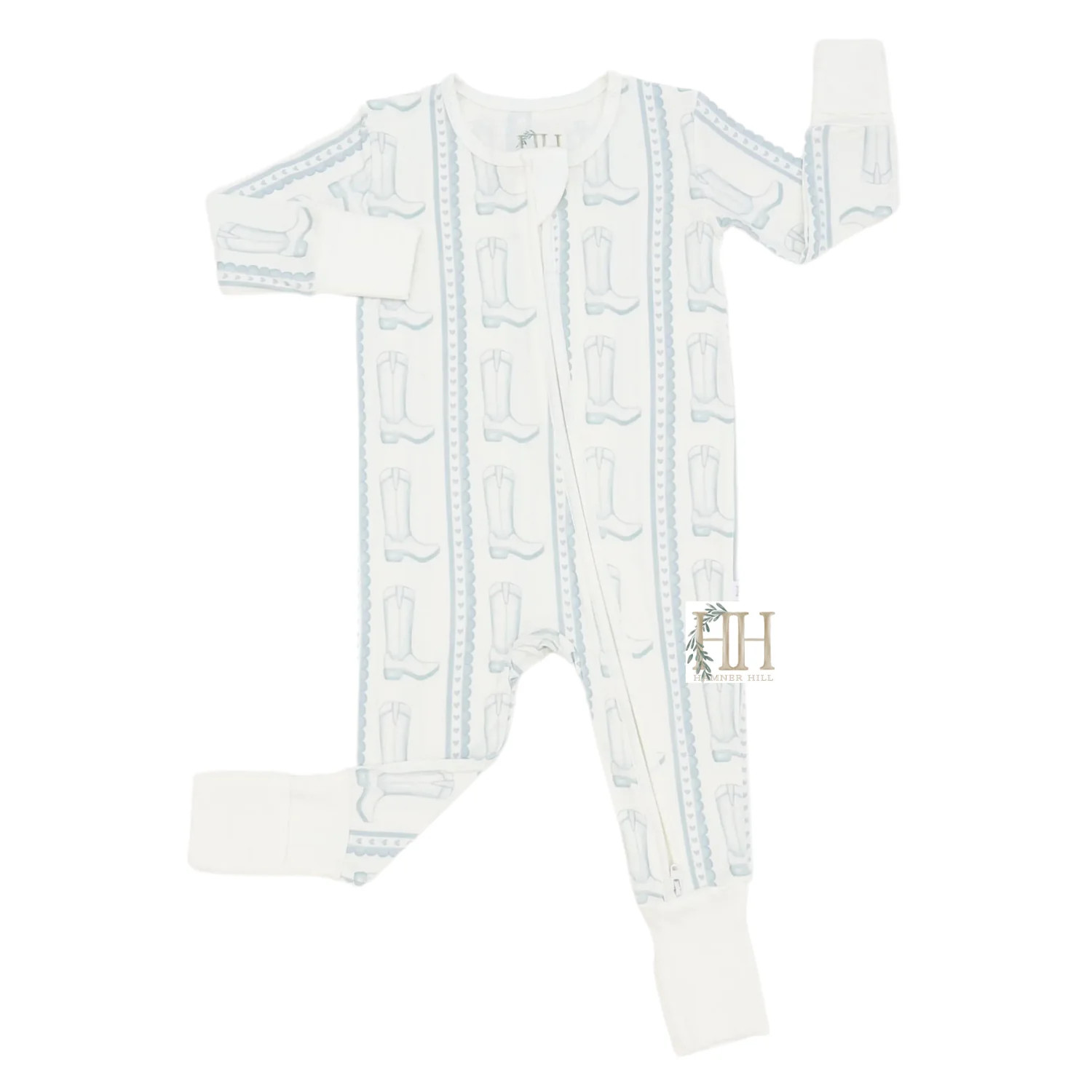 Boys Blue Heart Boot Double Zipper Romper | Hamner Hill