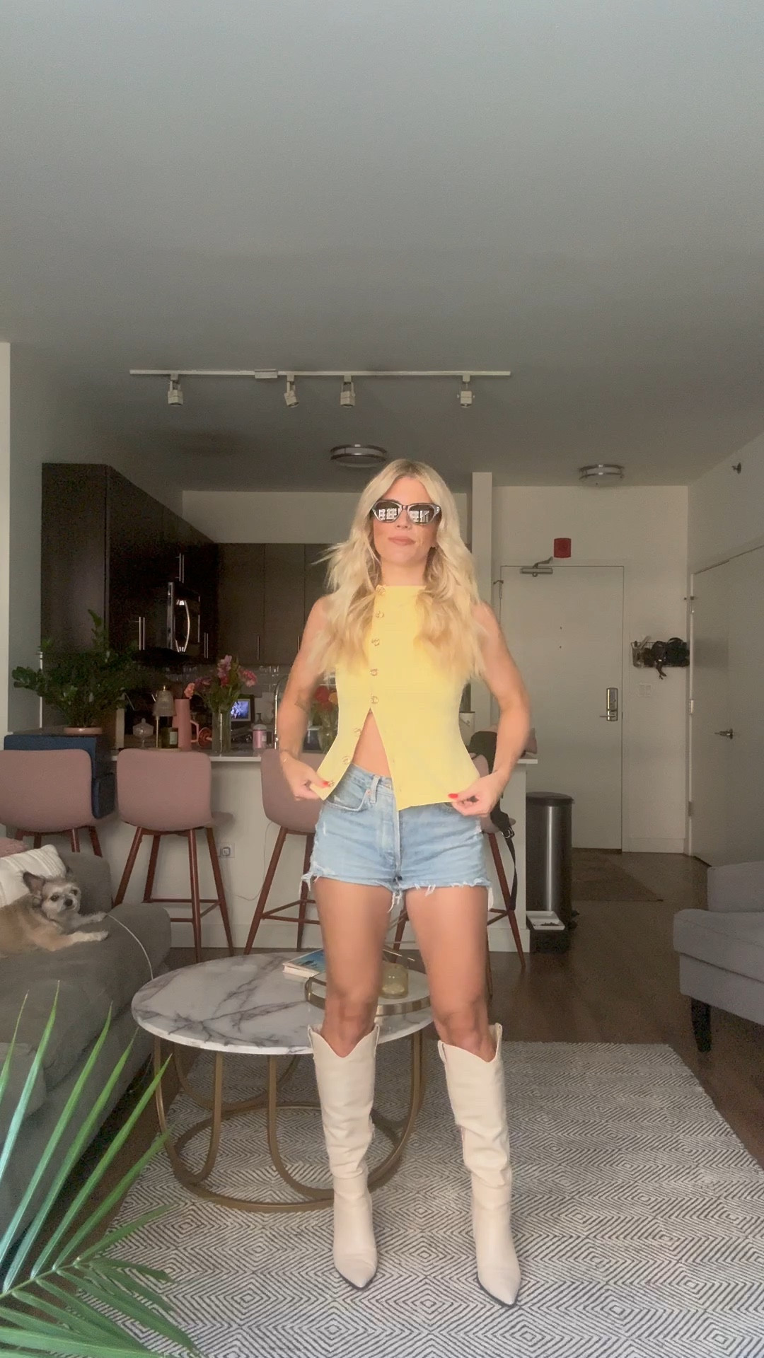 Jean shorts, tank and white boots! Happy hour outfit! 