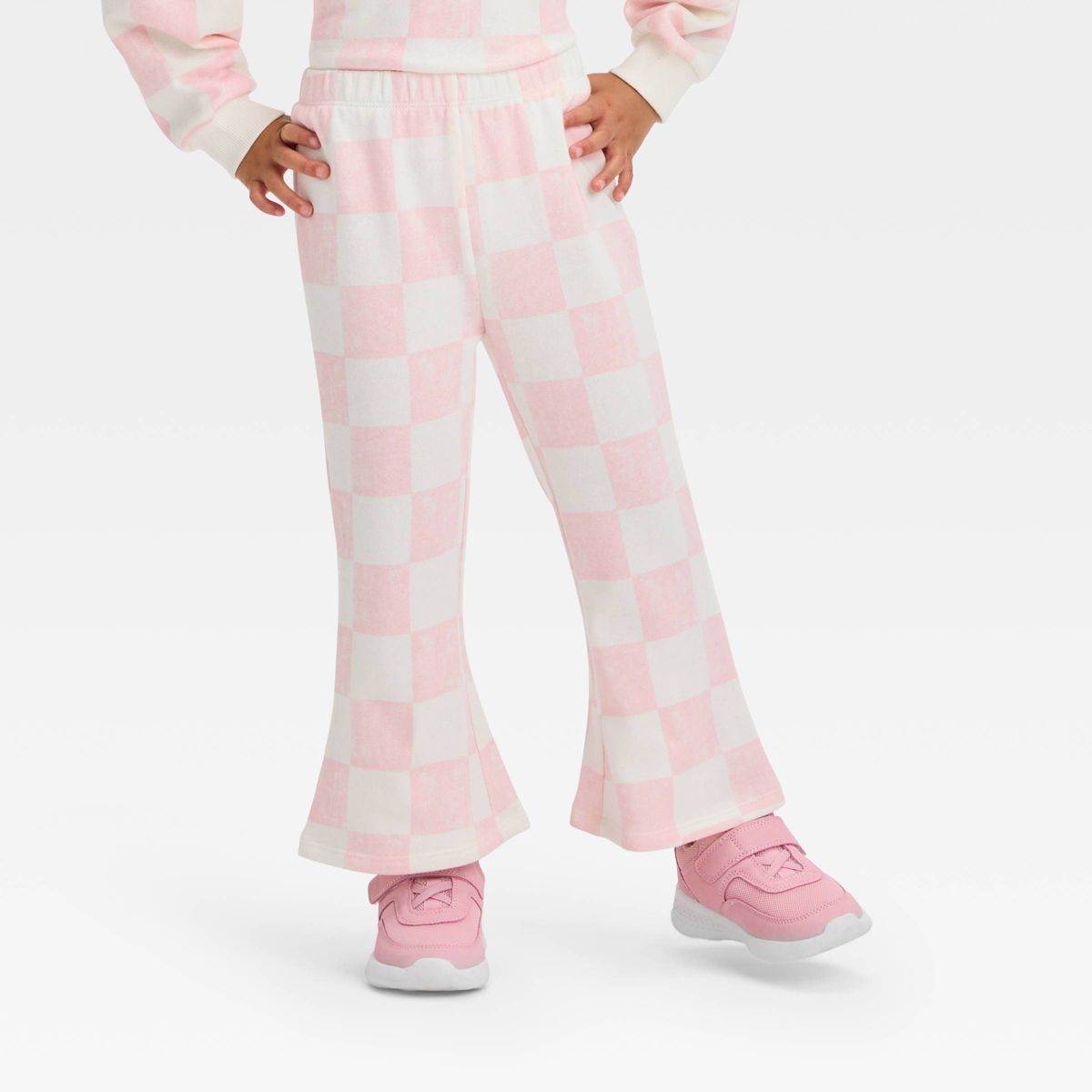 Grayson Mini Toddler Girls' Checkered French Terry Flare Pants - Pink | Target