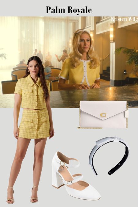 Palm Royale - Kristen Wiig as Maxine Simmons wearing a cute yellow retro sweater and matching skirt. Paired with a white satchel and simple bow headbandd

#LTKstyletip #LTKtravel #LTKfindsunder100