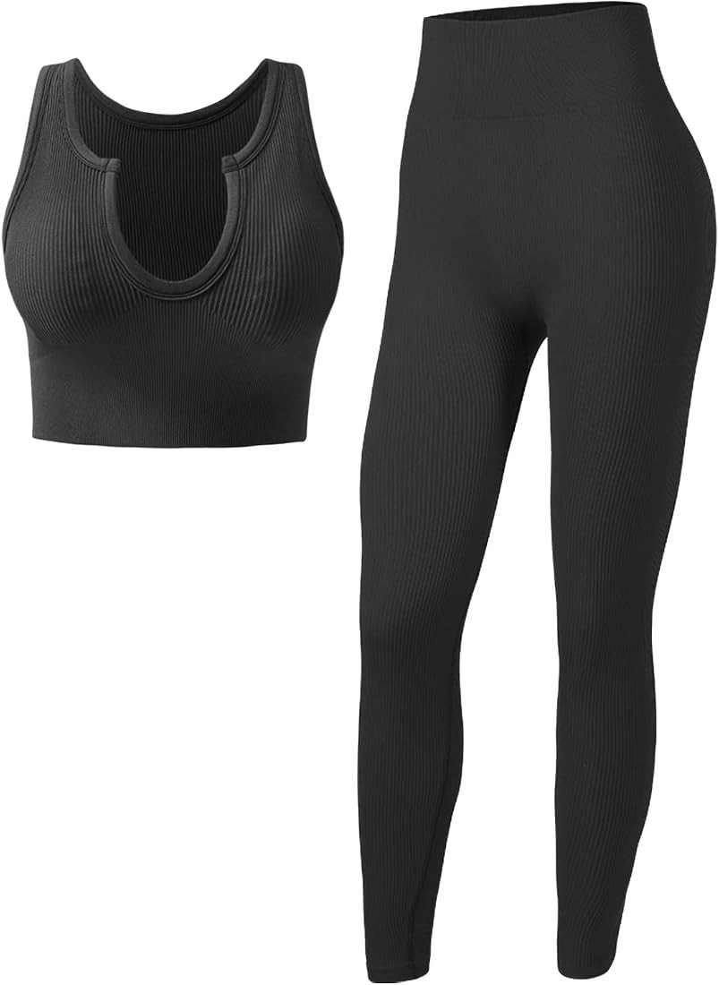 Women’s Two Piece Outfits Yoga Pants Set Seamless High Waist Leggings and Quick-Dry Yoga Crop T... | Amazon (US)