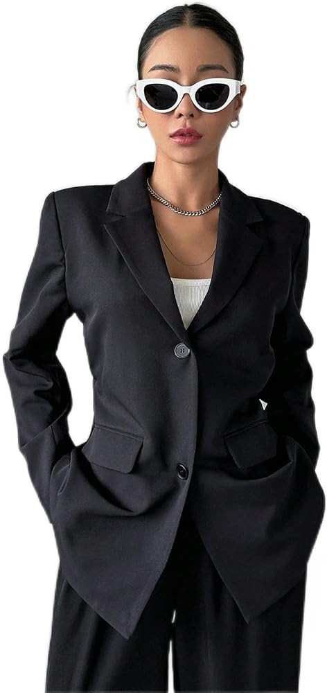 Solid Button Front Flap Detail Blazer - Elegant Lapel Long Sleeve Loose Fit | Amazon (US)