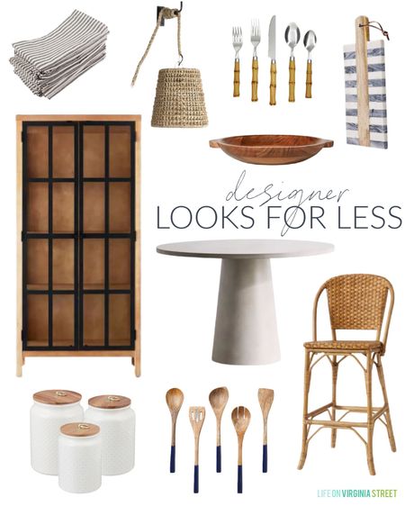These home decor interior design looks for less are a great way to get a high-end look in your home on a budget! I love this wood and glass cabinet, round cement dining table, rope sconce, paint dipped utensils, white ceramic canisters, wood bowl, bamboo flatware, marble inlay paddle board, striped linen napkins and woven barstool! 

look for less home, designer inspired, beach house look, amazon haul, amazon must haves, area rug amazon, home decor, Amazon finds, Amazon home decor, simple decor, target home décor, amazon faux trees, Walmart home décor, walmart finds, targetfanatic, targetdoesitagain, target home, studio mcgee, target finds, walmart chair, studio mcgee, barstools, kitchen island chairs, dining chairs, living room chairs, world market lights, neutral design, island bar stool, kitchen accessories, charcuterie boards, wall mirror, kitchen decor, simple decor, coastal decorating, coastal design, coastal inspiration #ltkfamily #ltkfind 

#LTKunder100 #LTKsalealert #LTKSeasonal #LTKunder50 #LTKstyletip #LTKhome #LTKhome #LTKFind #LTKsalealert
