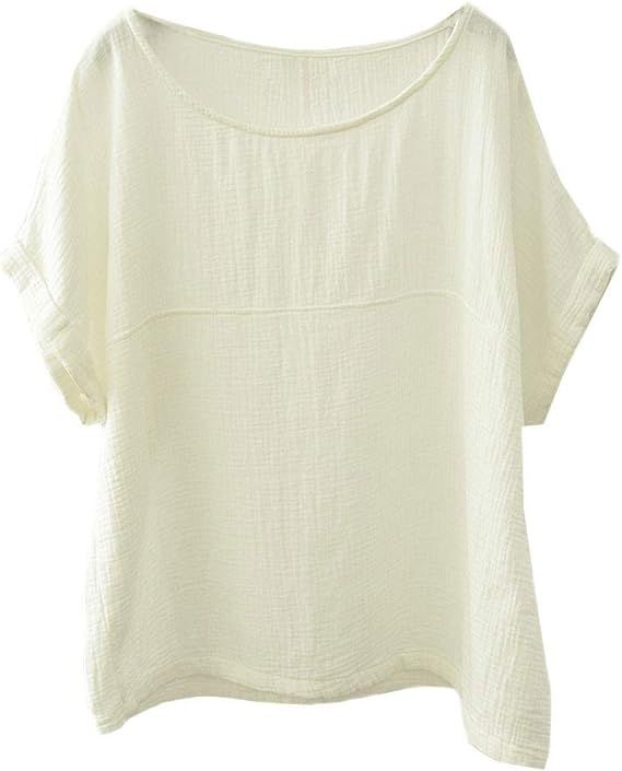 Soojun Women's Cotton Linen Round Collar Boxy Top Patchwork Blouses | Amazon (US)