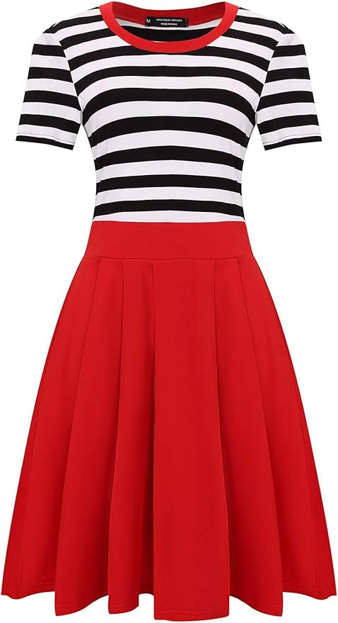 BI.TENCON Women's Striped Pleated Casual A-Line Dresses Knee Length with Pockets | Amazon (US)
