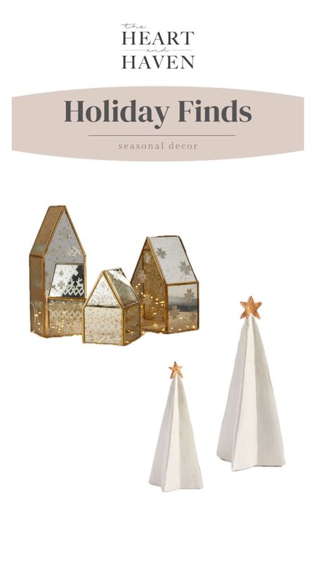 Christmas decor, Mercury glass house, ceramic white Christmas tree