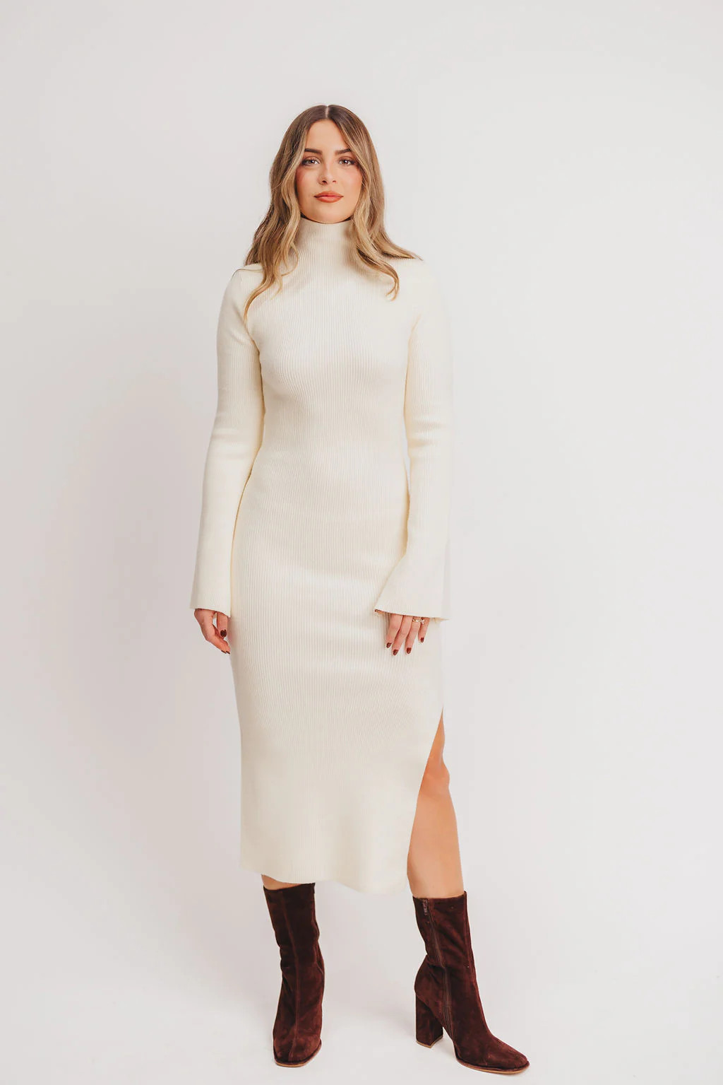 Hayden Mock Neck Ribbed Maxi Dress in Cream | Worth Collective