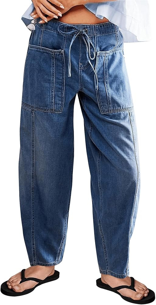Barrel Jeans for Women Stretch Elastic Waist Pull-on Wide Leg Baggy Pants Lightweight Casual Crop... | Amazon (US)