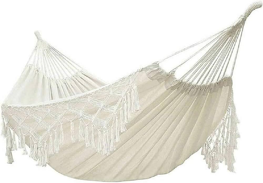 Double Sized Boho Macrame Cream Hammock with Elegant Tassels and Fishtail Knitting 485Lbs Include... | Amazon (US)