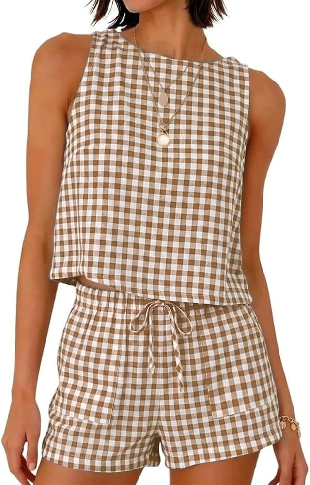 IDEALSANXUN Womens Gingham Two Piece Sets Spring Summer Beach Vacation Outfits Pajama Sets | Amazon (US)