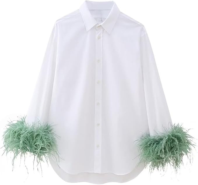 Autumn Long Sleeve Women's Fashion Fresh Style Design Sense Feather Poplin Shirt Top | Amazon (US)