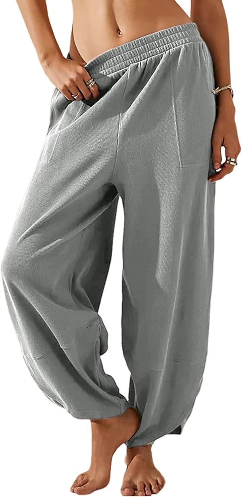 Himosyber Women Cotton Pants Wide Leg Pants Casual Loose Drawstring Low Waist Beach Palazzo Harem... | Amazon (US)