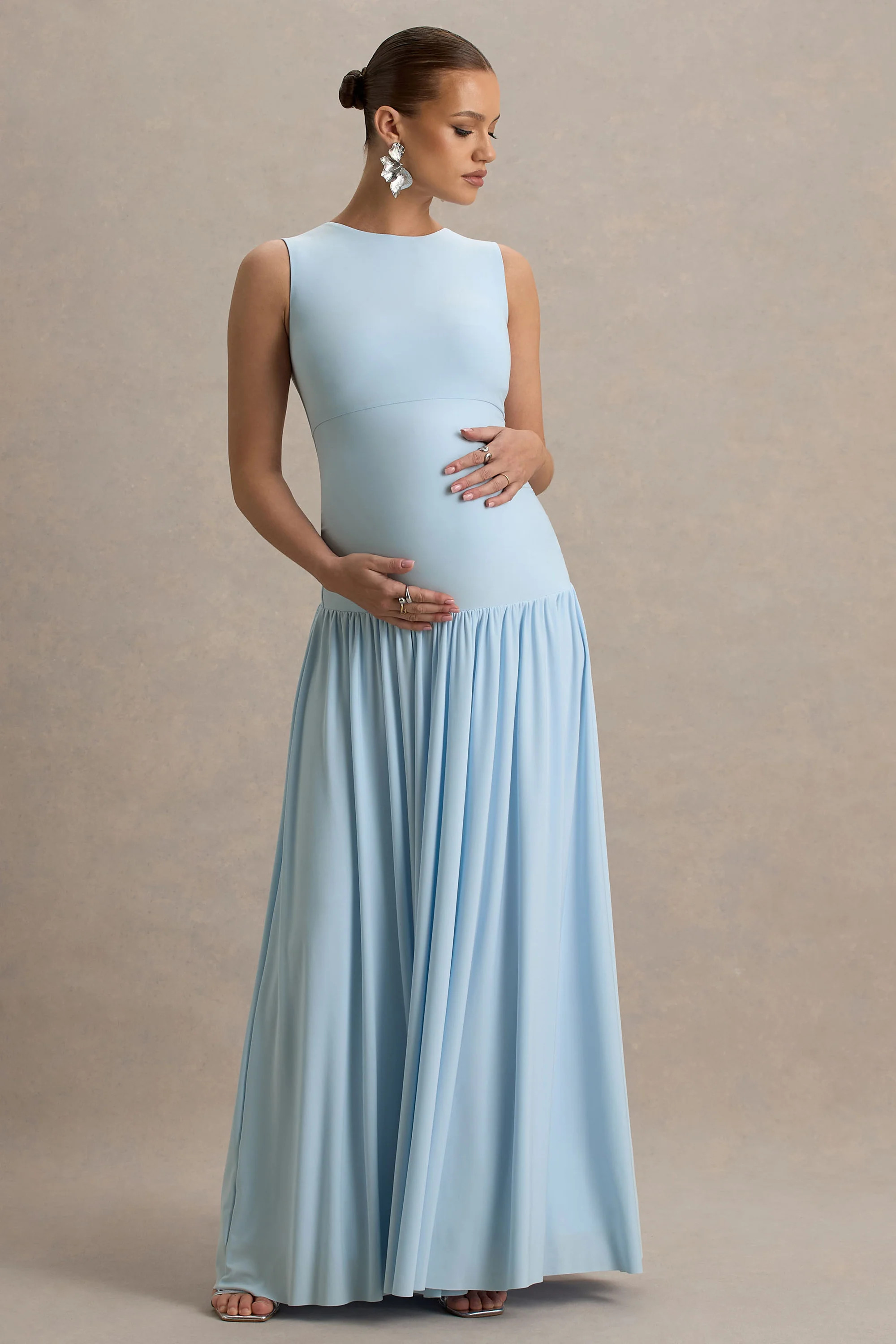 Outline  Powder Blue Crew-Neck Maternity Maxi Dress With Pleated Skirt | Club L London