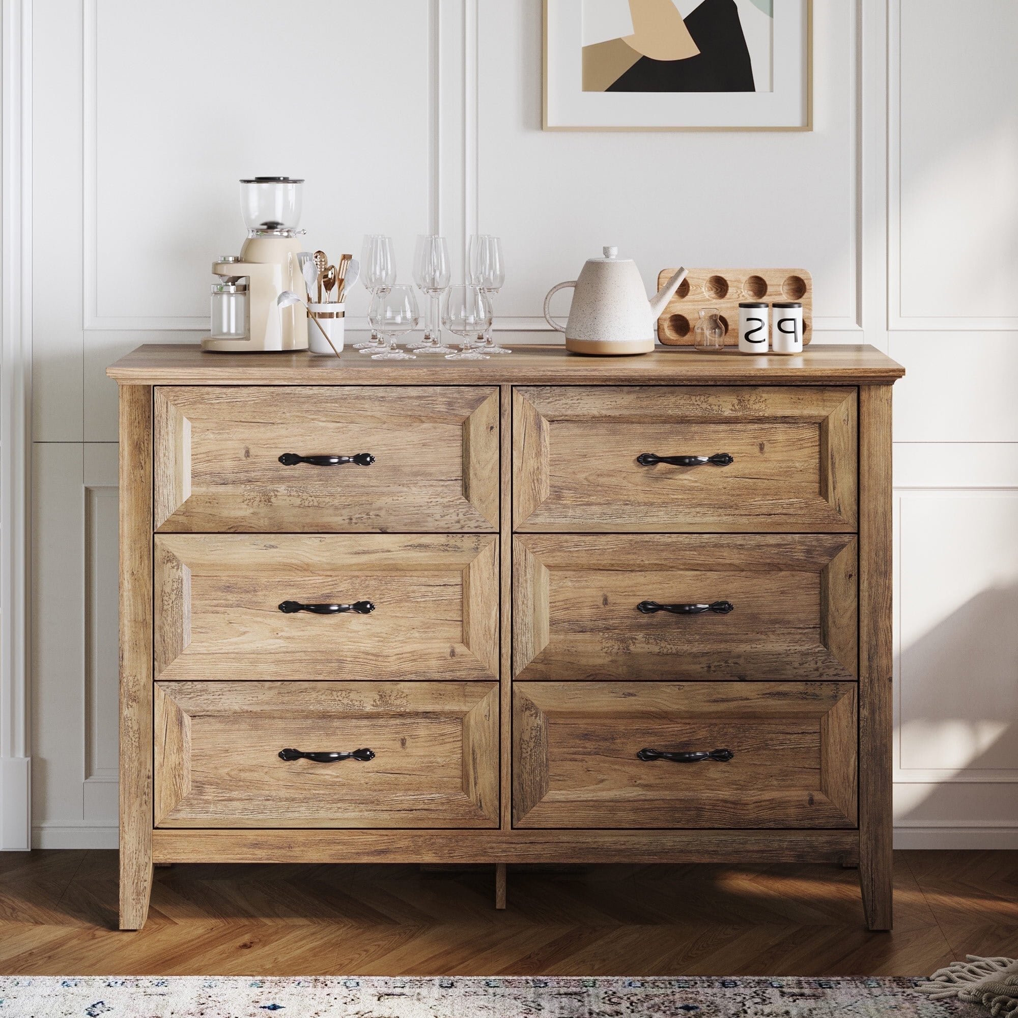 LINSY HOME Dresser for Bedroom, Long Dresser with 6 Drawers and Antique Handles, Chest of Drawers... | Walmart (US)