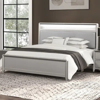 Wooden Bed With LED On Bookcase Headboard In Champagne | Wayfair North America