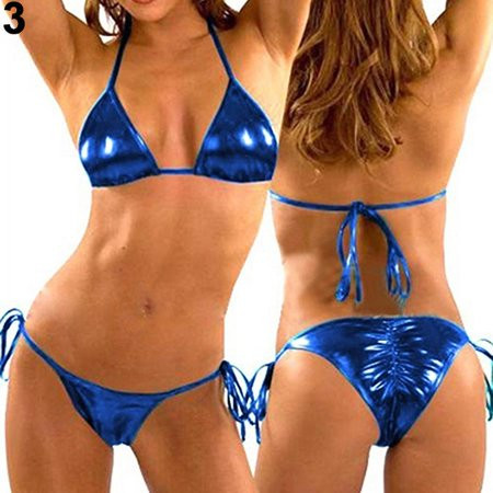 YDxl Women s Fashion Metallic Bikini Top + Bottom Beachwear Stripper Wear Blue M | Walmart (US)