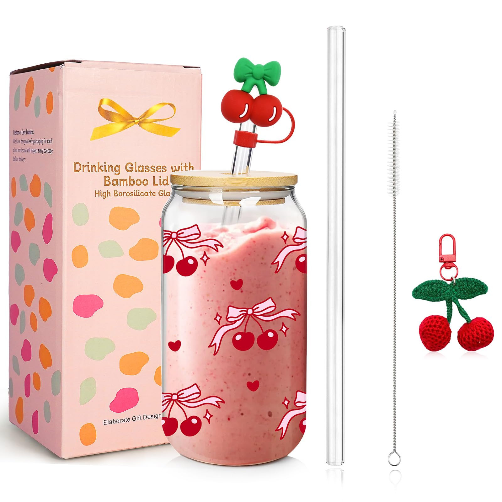 Mason Life Coquette Cute Glass Cup with Lids and Straws Cherry Iced Coffee Cup with Keychain Stra... | Amazon (US)