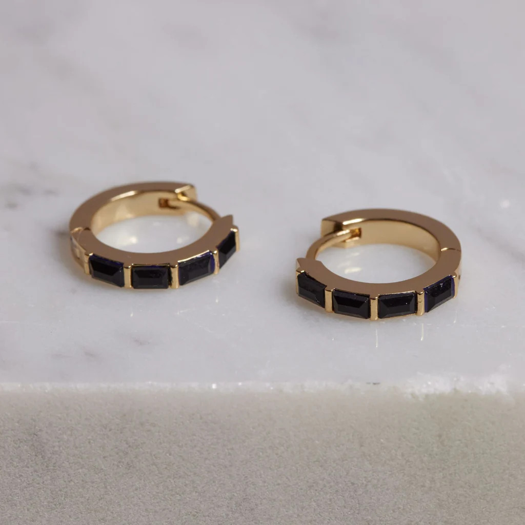 Black Crystal Baguette Huggies | Nickel and Suede