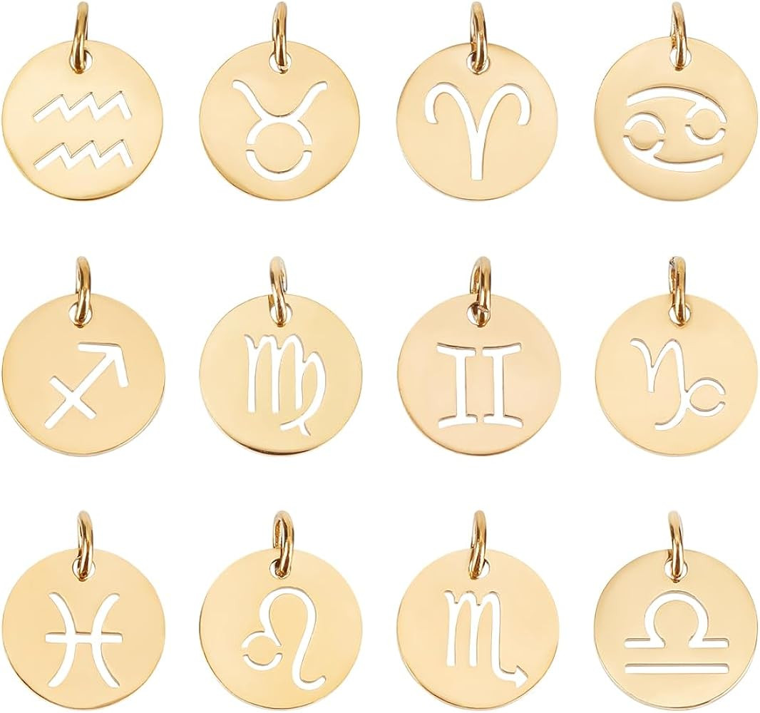 UNICRAFTALE Stainless Steel 12 Constellations Charm Zodiac Sign Pendants Charms Golden Flat Round... | Amazon (US)