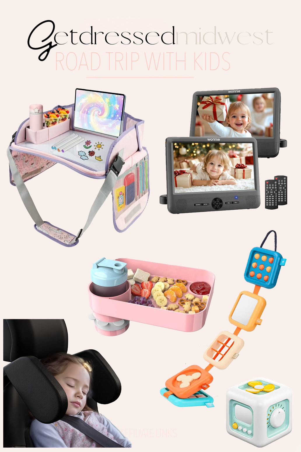 We took a road trip with a 1 year old and 5 year old. I do not have all of this but I do have the dvd players, the fidget cube and a version of the carseat tray and lap desk. 

 #LTKmomlife #LTKTravel #LTKKids