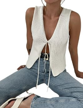 Women Y2K Crochet Vest Top Tie Front Knit Sleeveless Tank Top V Neck Button Down Crop Top Streetw... | Amazon (US)