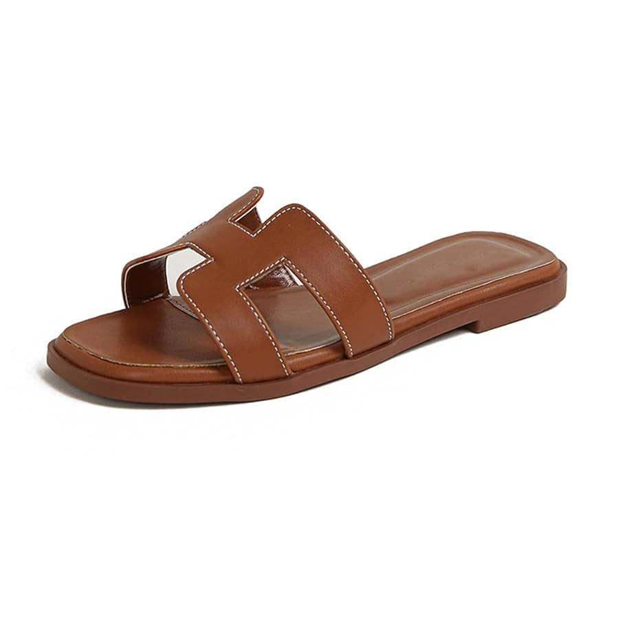 H Flat Slide Sandals for Women Non Slip Square Open Toe Fashion Slides Slip On Leather Slide Sand... | Amazon (US)