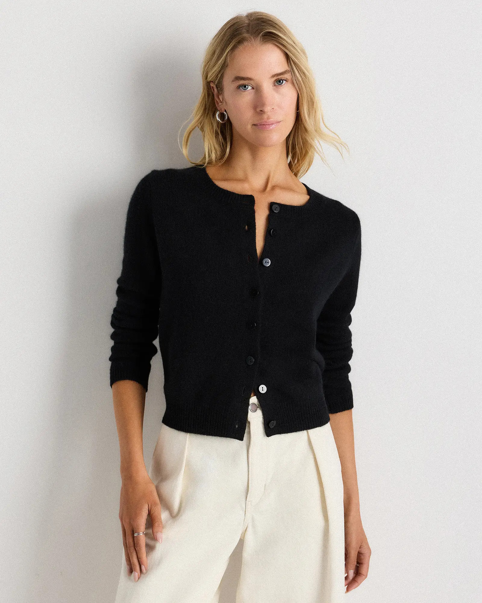 Mongolian Cashmere Cropped Crew Cardigan in Black | Quince