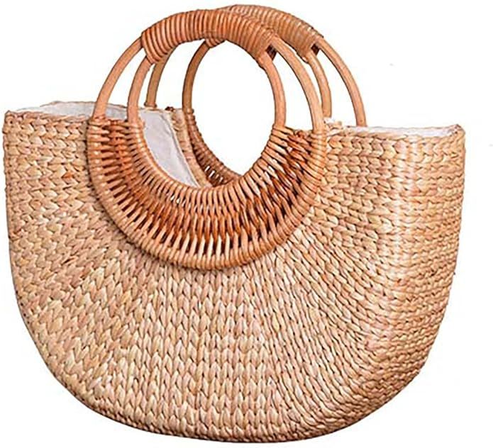 Straw Tote Bag for Women Handmade Straw Rattan Woven Handbag Summer Beach Bag Moon Shape Tote Bag... | Amazon (US)