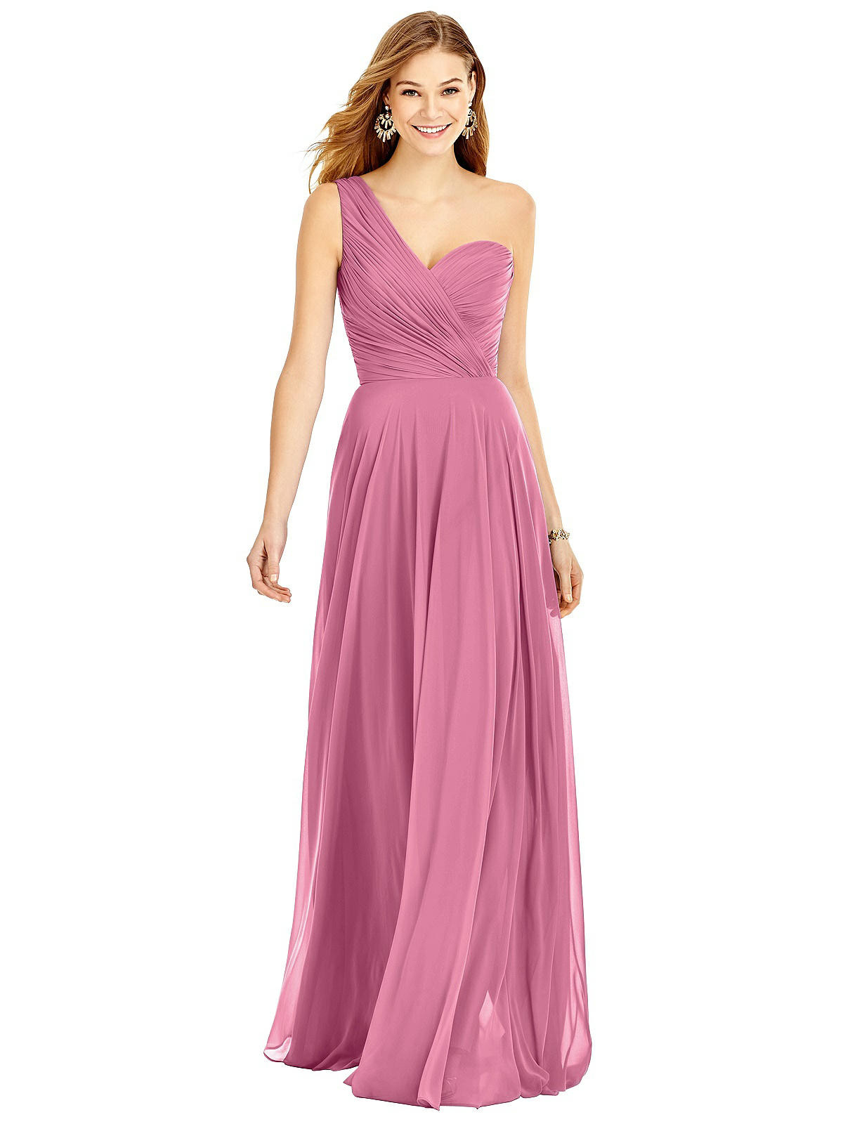 One-Shoulder Draped Chiffon Maxi Dress - Dani in Orchid Pink | Dessy Group