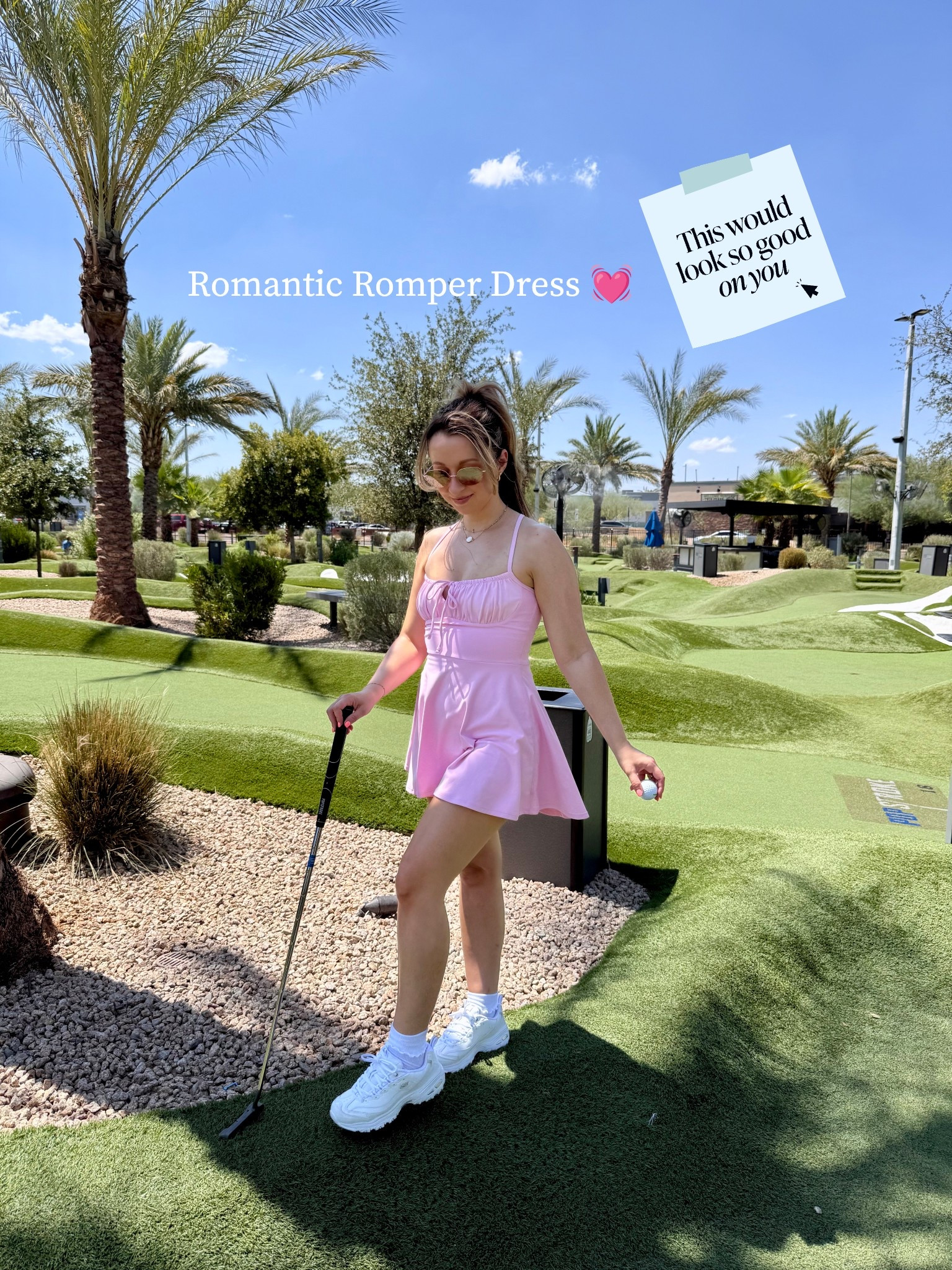 Wearing size xs in this pink athletic romper dress for mini golf yesterday ⛳️ my sneakers are so comfy and perfect for all of my athletic sets! Wearing size 6 sneakers, white lettuce edge socks, rose colored sunglasses 

#LTKStyleTip #LTKPetite #LTKActive