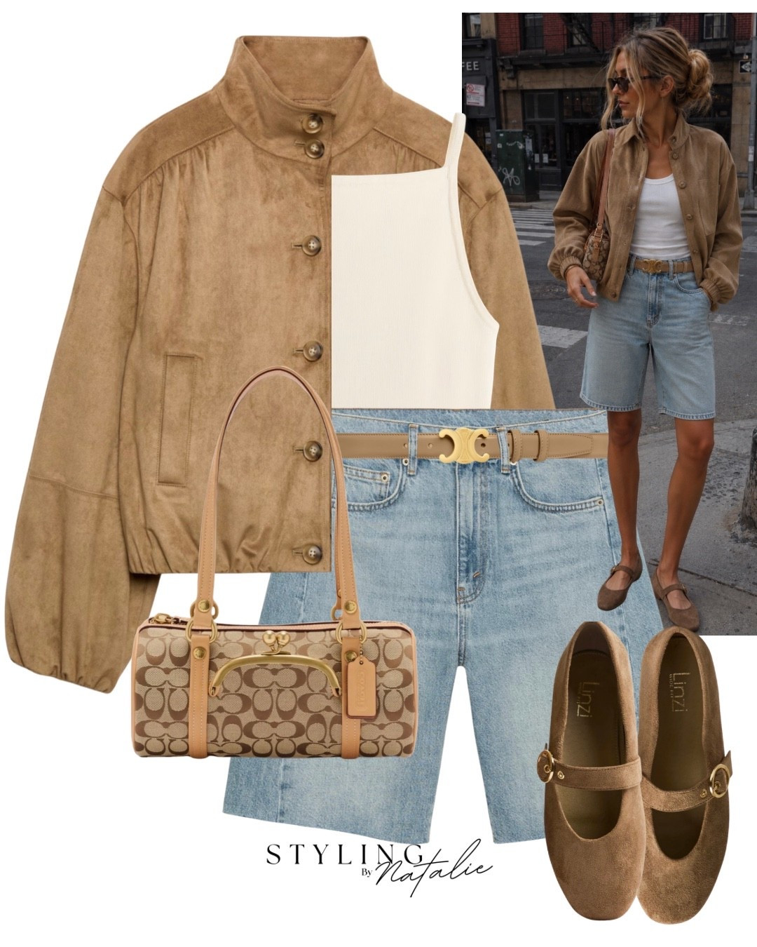 Suede bomber jacket, denim Bermuda shorts, suede look Mary Jane ballet flats, Celine belt, coach bag and square neck vest.
Casual outfit, transitional outfit, jackets, autumn, early fall look, Zara @linzi elevated casual.

#LTKautumn #LTKuk #LTKeurope