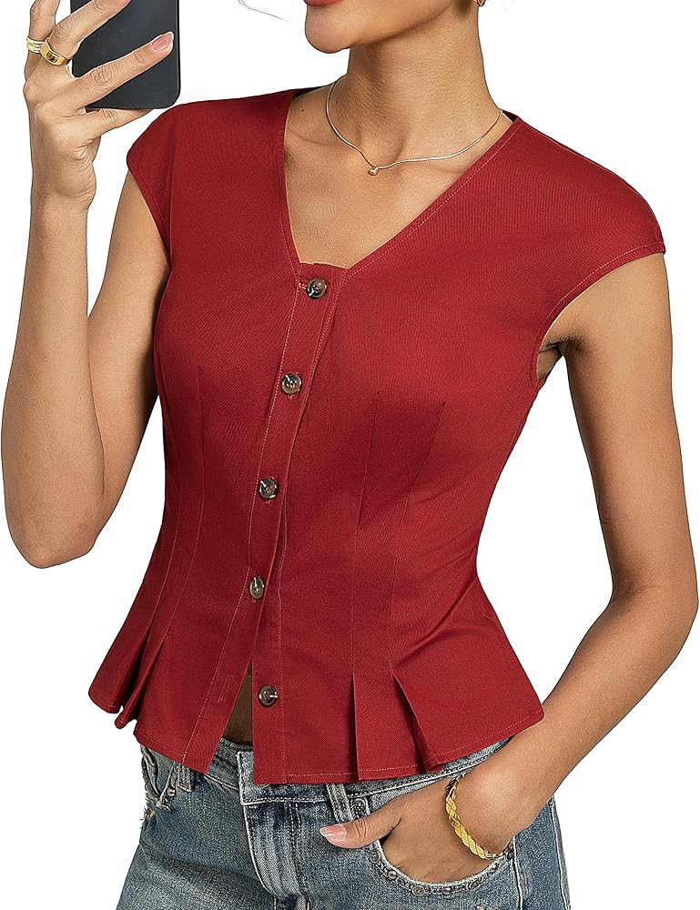 Kate Kasin Womens Button Down Crop Tops, Cap Sleeve Work Shirt, Slim Fit Cute Vest Trendy | Amazon (US)