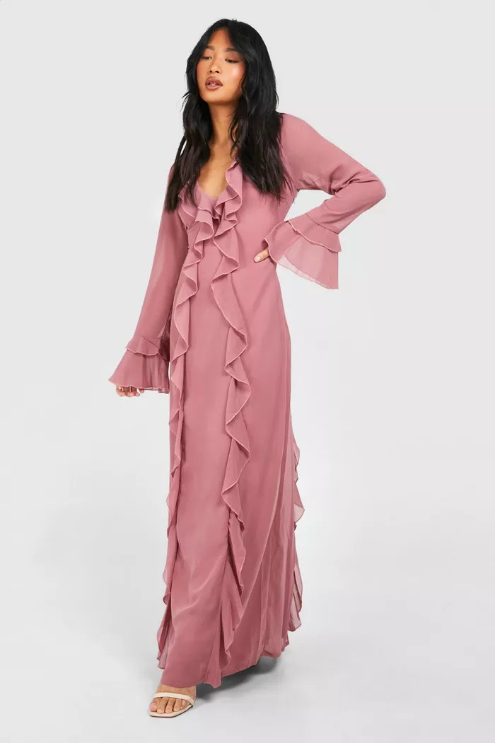 Petite Plunge Ruffle Flare Sleeve Woven Maxi Dress | boohoo (US & Canada)
