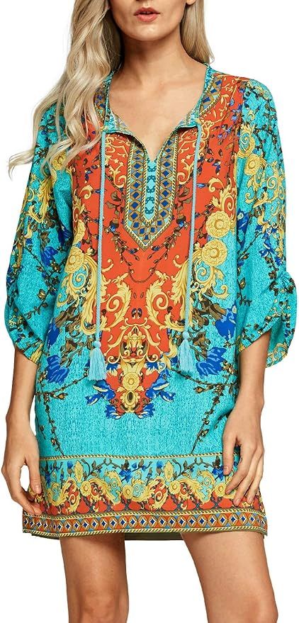 Women Bohemian Neck Tie Vintage Printed Ethnic Style Summer Shift Dress | Amazon (US)