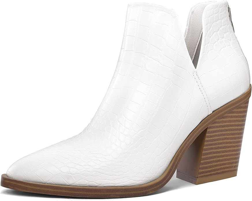 mysoft Women's Ankle Boots Slip on Cutout Pointed Toe Chunky Stacked Mid Heel Booties | Amazon (US)