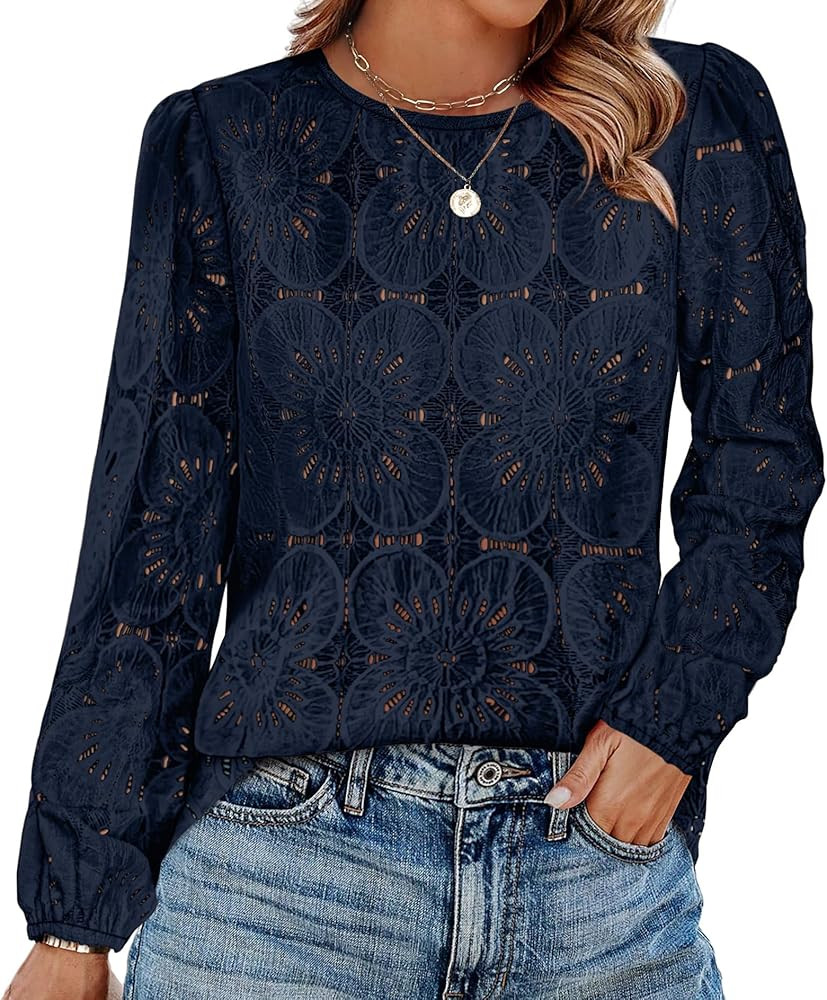 OFEEFAN Blouses for Women Dressy Casual Fall Fashion Long Sleeve Shirts Flower Lace Tops Trendy S... | Amazon (US)