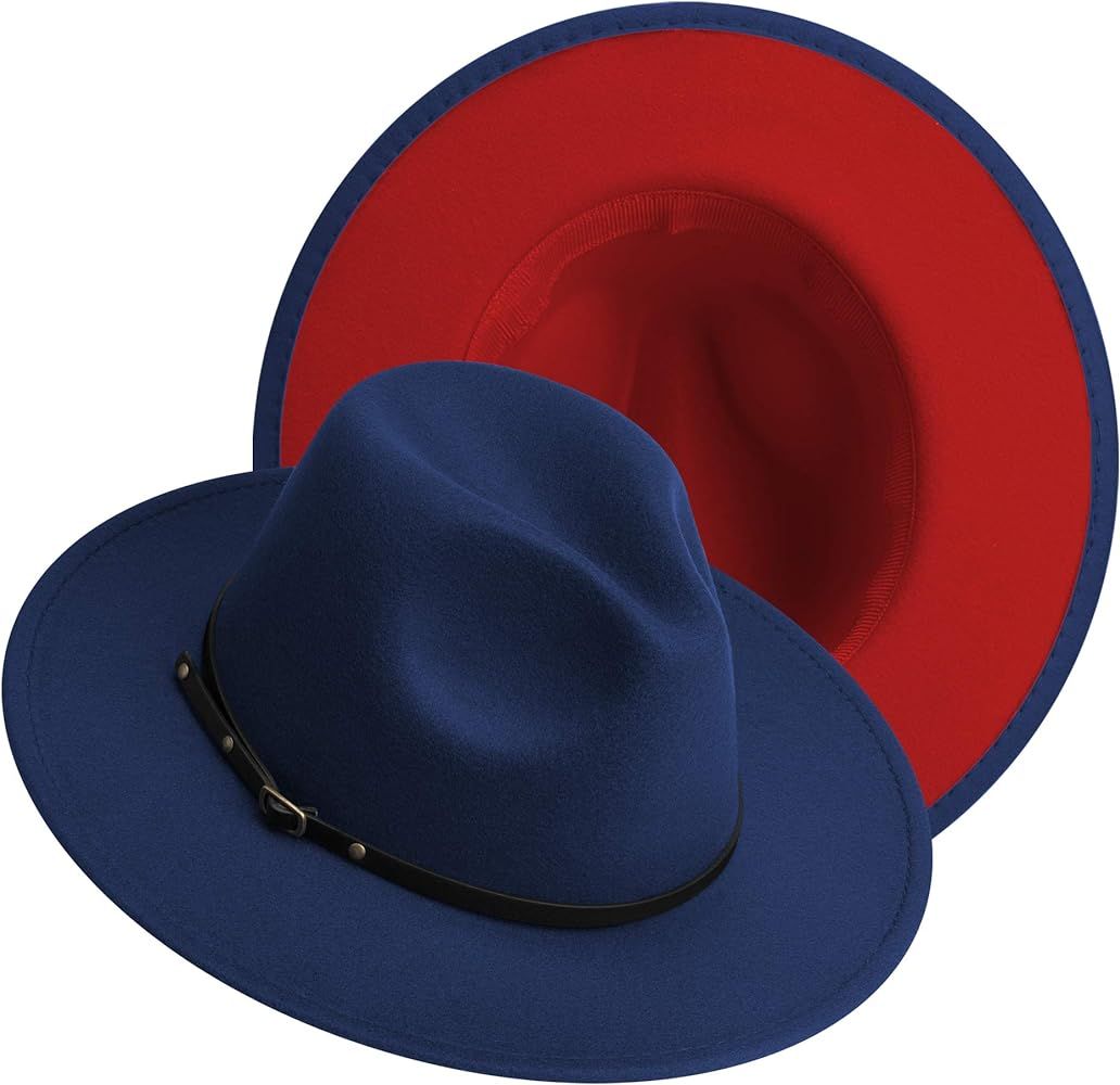 Two Tone Wide Brim Fedora Hats Classic Felt Panama Hat with Belt Buckle for Women & Men | Amazon (US)