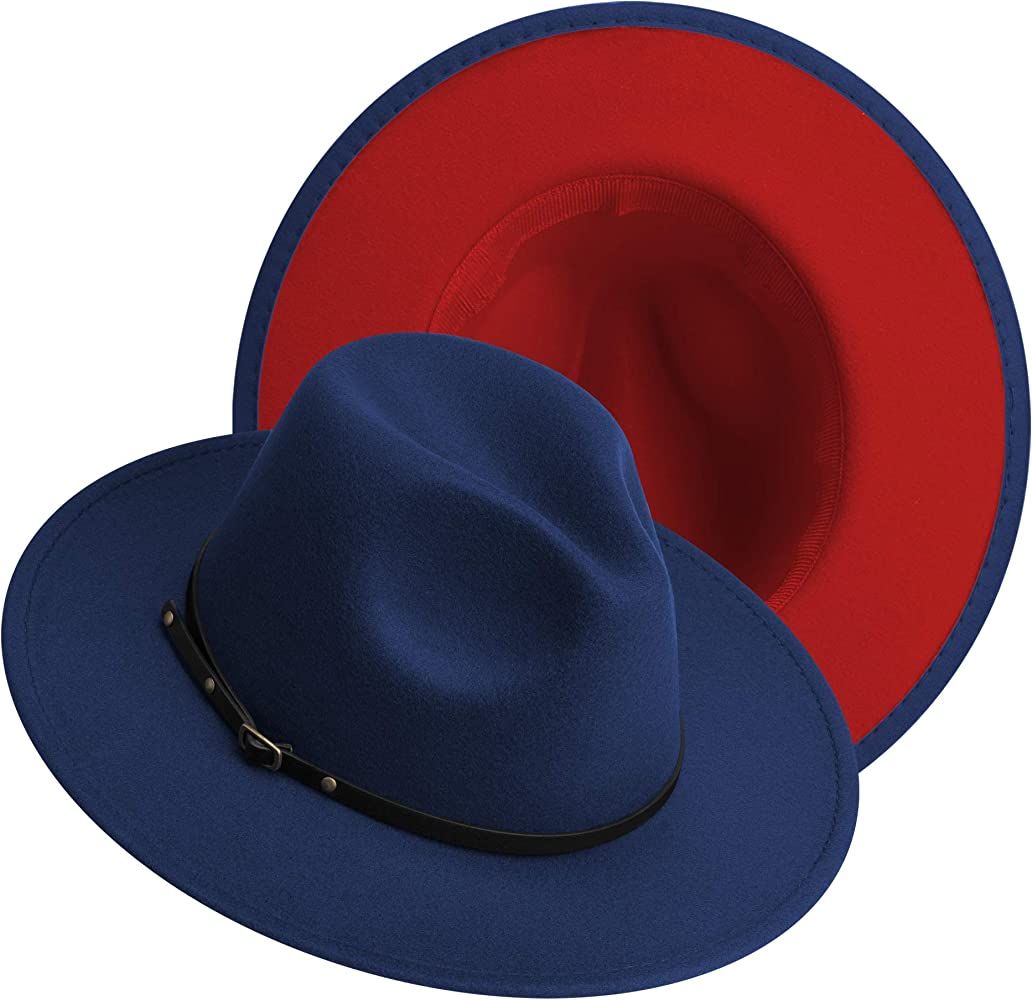 Two Tone Wide Brim Fedora Hats Classic Felt Panama Hat with Belt Buckle for Women & Men | Amazon (US)