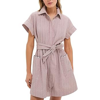 Women's Short Sleeve Striped Mini Shirt Dress Casual Summer Button Down Belted Tunic Dresses with... | Amazon (US)