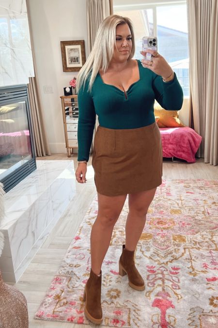 curvy fall outfit! wearing size xl i. ribbed forest green bodysuit {could have taken the large} and size xl in suede skort {could have taken the large}. booties run TTS 

#LTKcurves #LTKSeasonal #LTKunder100