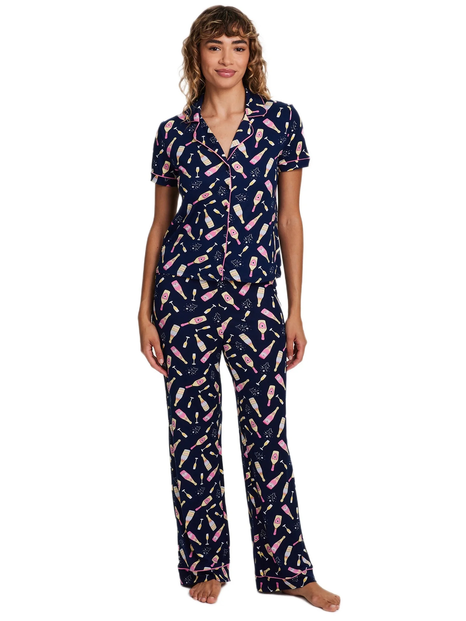 Sleep & Co. Women's & Women's Plus Short Sleeve Fesitve Notch Collar Button Down with Pant Pajama... | Walmart (US)