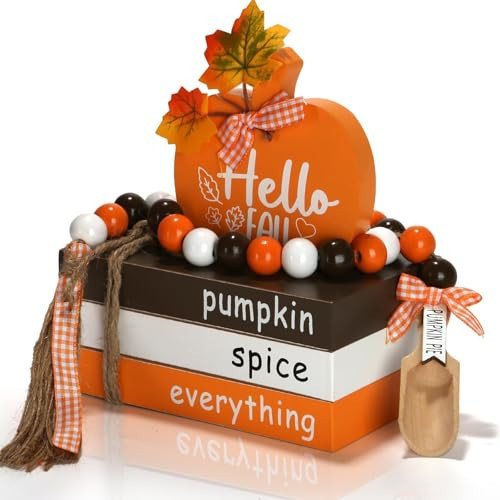 Fall Decorations for Home 5PCS Table Centerpieces, Tabletop Thanksgiving Decor for Tiered Tray Shelf Mantel Office Desk Thanksgiving Autumn Decoration Farmhouse Wood Faux Book Stack and Pumpkin Sign | Amazon (US)