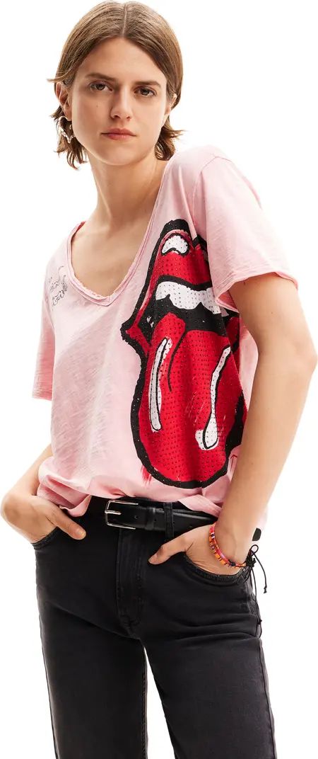 Desigual Rolling Stones Rhinestone Embellished Cotton Graphic T-Shirt | Nordstrom | Nordstrom
