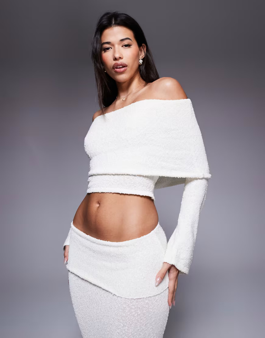 Wanderdoll Yasmin bardot boucle knit dramatic foldover flared sleeve top co-ord in cream-White | ASOS (Global)