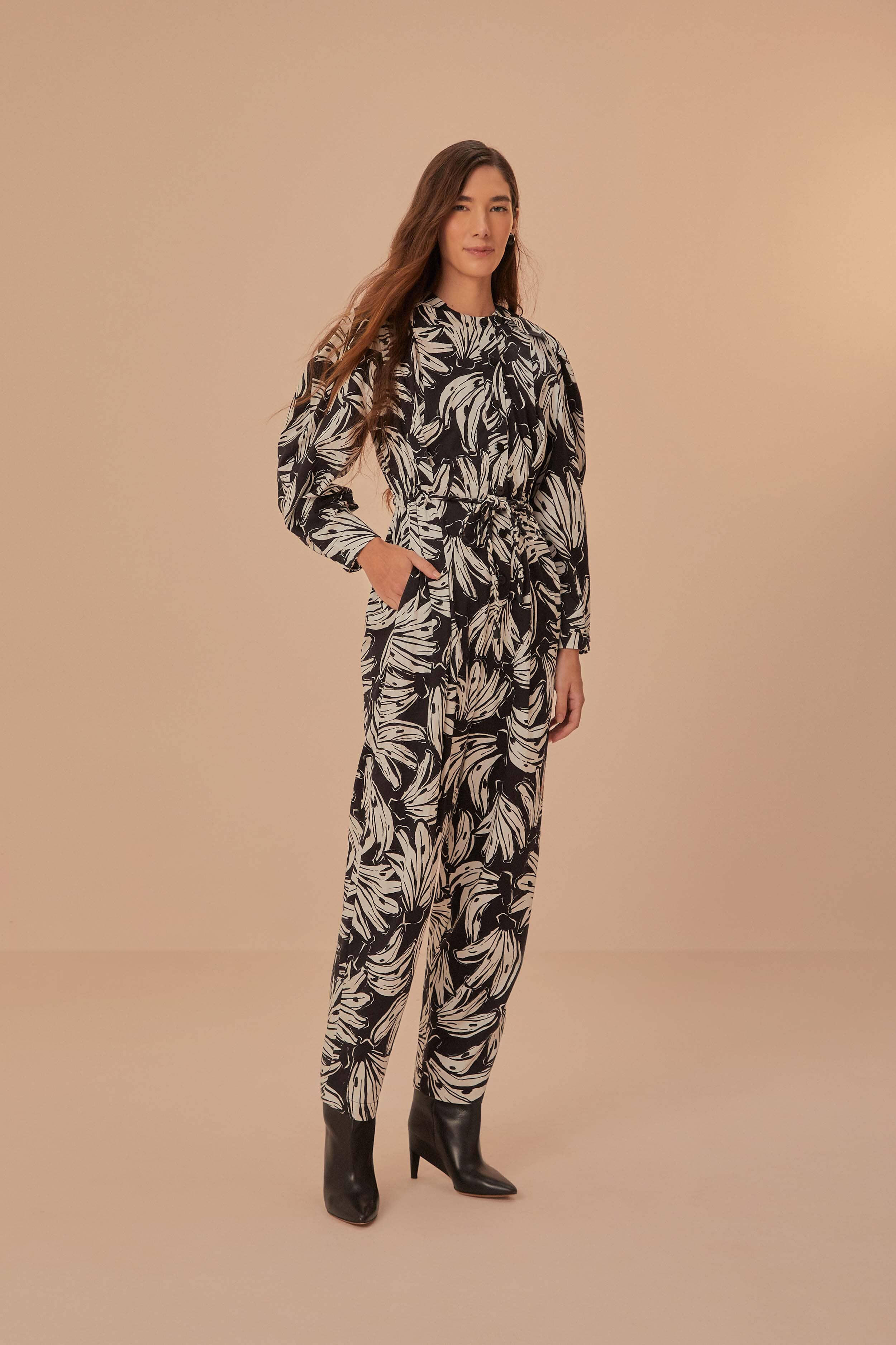 Black Bossa Banana Long Sleeve Jumpsuit | FarmRio (US)