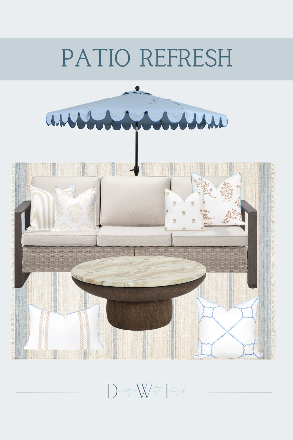 A few timeless pieces can completely transform the way your patio feels.

This patio refresh blends relaxed sophistication with classic coastal style through a calming palette of soft blue, warm ivory, and natural wood tones. A woven outdoor sofa with clean architectural lines creates a comfortable gathering spot, while a scalloped sky blue umbrella adds charm, shade, and a subtle statement overhead.

The layered styling is where the design comes to life. Chinoiserie inspired prints, delicate botanical motifs, tailored striped textiles, and embroidered accents create an effortlessly collected look that feels refined rather than overly coordinated. Beneath it all, a soft striped performance rug introduces texture while defining the seating area, and the sculptural marble topped pedestal coffee table anchors the entire composition with warmth and organic character.

Whether you're refreshing an existing patio or designing a new outdoor retreat, this combination of timeless furniture, layered textiles, and natural materials creates a space you'll enjoy season after season.

Shop the Look on LTK to recreate this patio with the furniture, umbrella, coffee table, rug, and curated pillow collection featured throughout the design.

This patio began as one of my digital mood board concepts and was later transformed into an AI generated visualization to help homeowners see how carefully sourced products work together in a realistic outdoor setting.

#PatioDecor #OutdoorLiving #LTKHome 

 #LTKHome