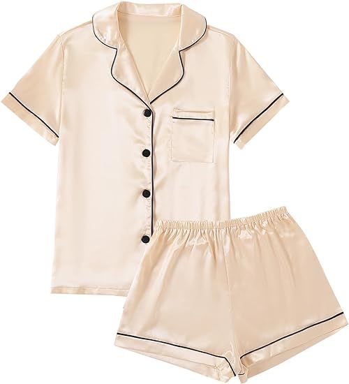 LYANER Women's Satin Pajamas Set Short Sleeve Button Shirt Silky Sleepwear With Shorts Set PJ | Amazon (US)