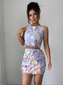 Rafferiza Fashionable 3D Embroidered Mesh Sleeveless Crop Top + Mini Skirt 2 Pieces Set For Women... | SHEIN