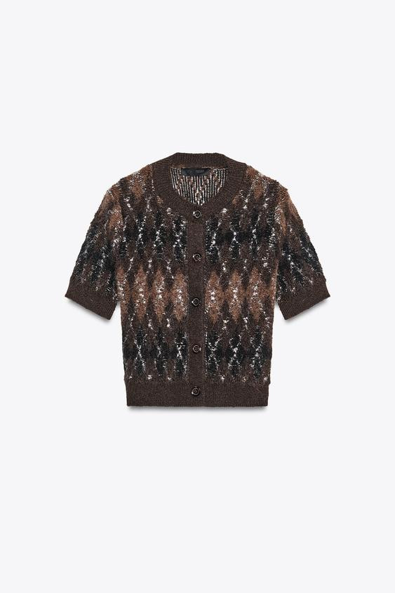 ARGYLE KNIT SHORT SLEEVE CARDIGAN | Zara UK