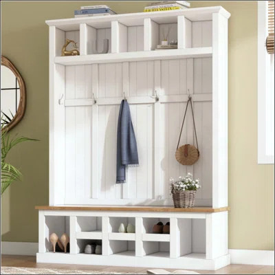 Farmhouse Wooden Style Hall Tree With Wide Storage Seating Bench, Entryway Shoe Cabinet With 13 Compartments, Elegant Coat Rack With 6 Hooks For Mudro | Wayfair North America